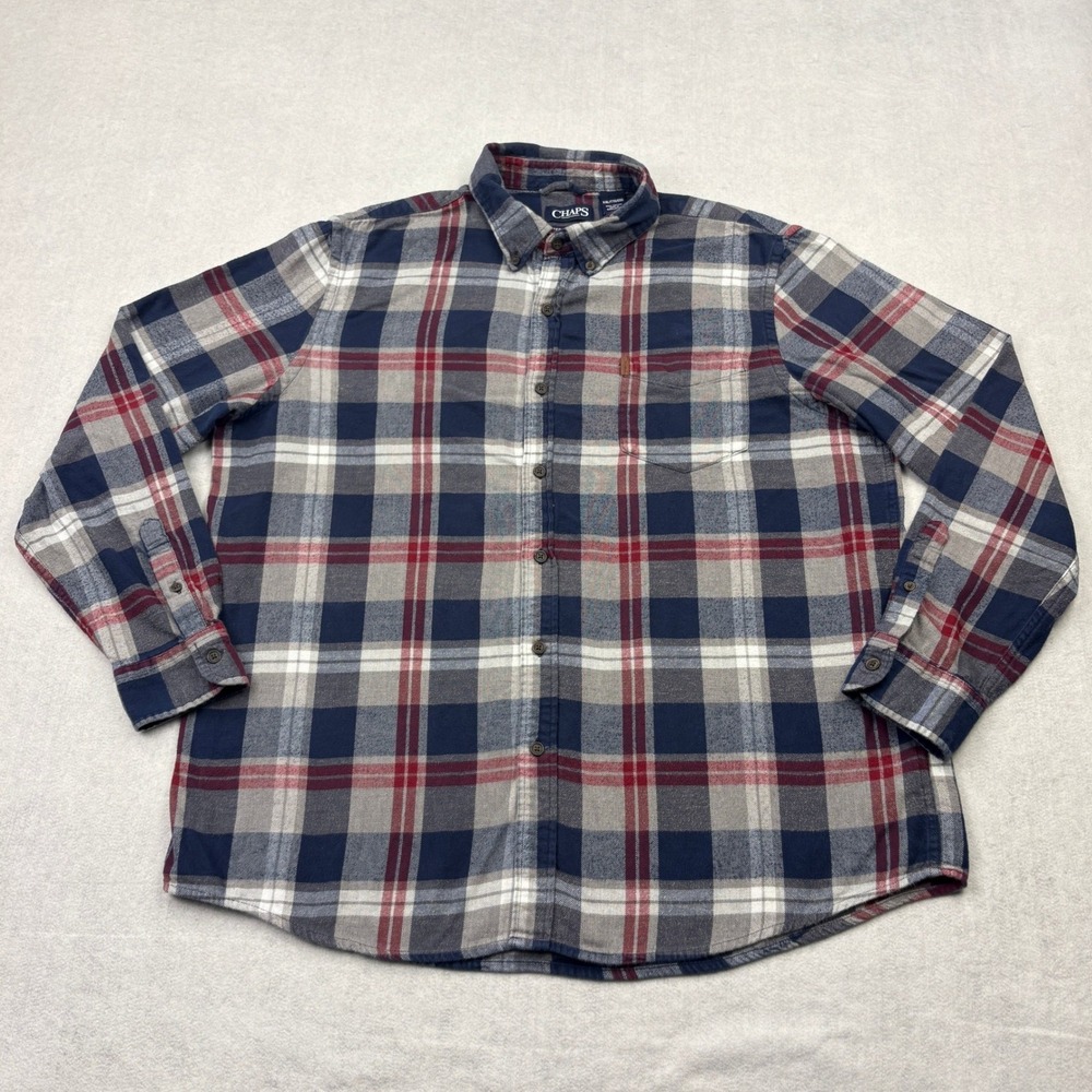 Chaps Flannel Shirt Mens XXL Navy Red Plaid Cotton Button Down Performance 2XL